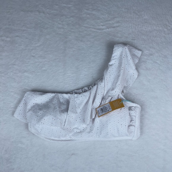 Kona Sol Bikini Top Womens L White Eyelet Ruffled One Shoulder‎ Stretchy Comfort - Picture 1 of 4